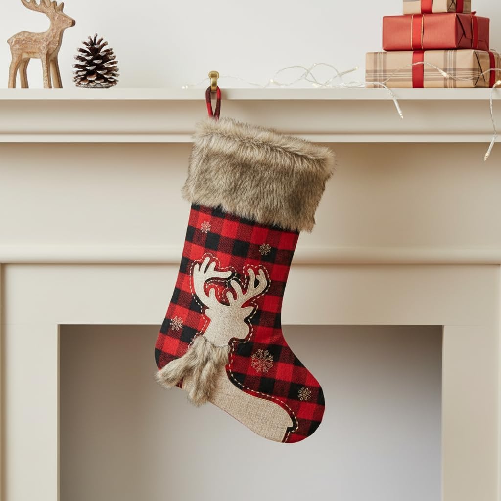 20" Black and Red Plaid Reindeer Christmas Stocking, Rustic Antique Vintage Figurine Style Home Decor, Faux Fur Scarf