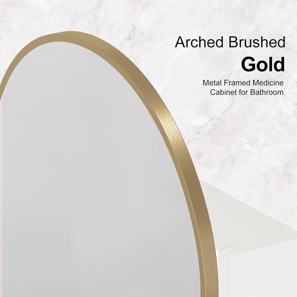 Recessed Medicine Cabinet,Arched Medicine Cabinet with Mirror | Brushed Gold Metal Edge,3 Adjustable Glass