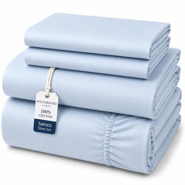 475 Thread Count 100% Long Staple Cotton Sateen Sheet Set, Twin 3 Piece Bedding Set Silky Soft, Smooth & Breathable