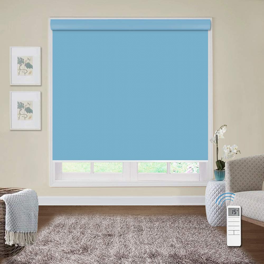 Motorized Blackout Cordless Valance Blinds, Sky Blue Remote Control Wireless and Rechargeable Window Roller Shades