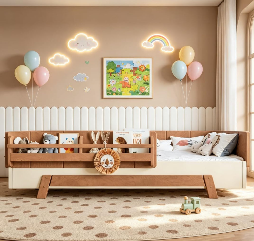 Montessori Floor Bed with high 15.4' Rails, Wood Floor Bed with slats and a Bookshelf, Beige & Deep Natural