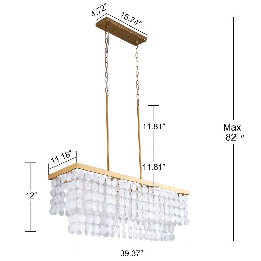 Rectangular Capiz Shell Chandelier, Coastal Beach Lighting 6 Lights, Modern Gold Chandelier Shell Pendant Light
