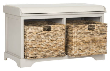 Freddy 2-Basket Storage Bench - Vintage Grey - Solid Wood - Coastal Basket Storage Design - Ideal, 18"
