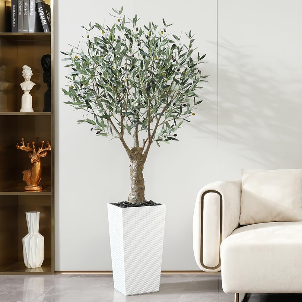 Artificial Olive Tree, 6FT UV Resistant Fake Plants with White Taper Planter, Lifelike Tall Artificial Floor Plants