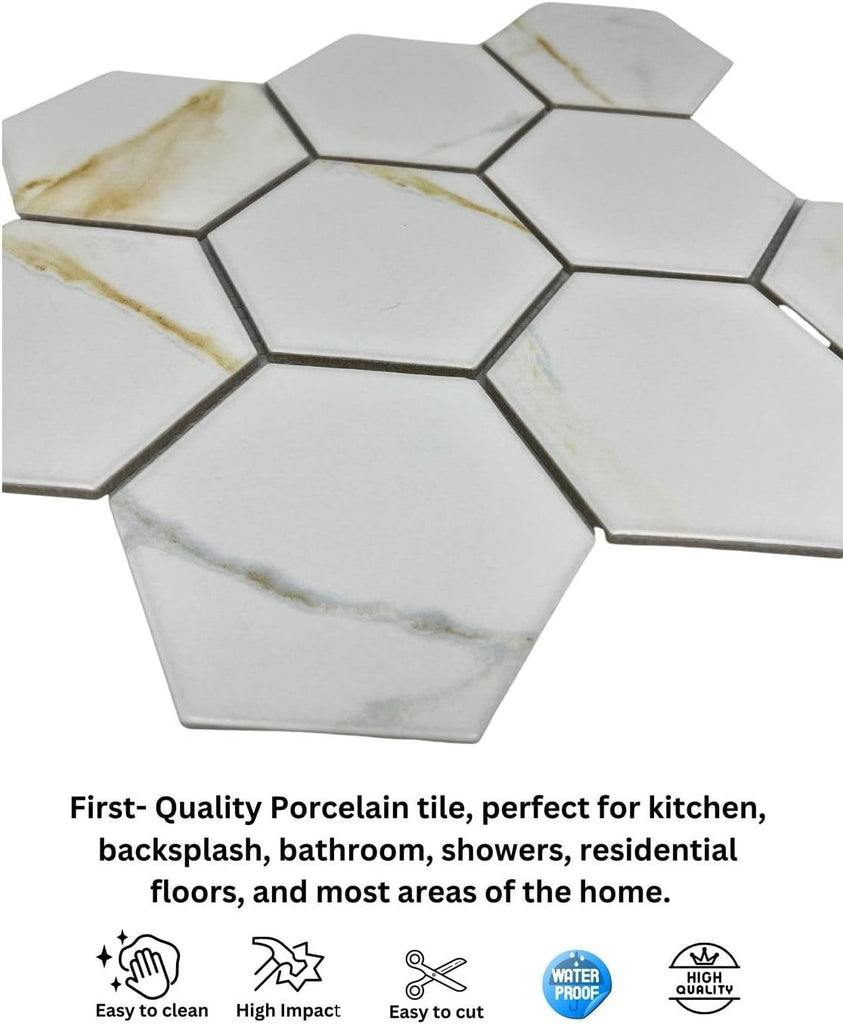 Milano 4" Calacatta Gold Look Hexagon Porcelain Tile Matte Finish for Floor Wall Kitchen Backsplash Bathroom Shower