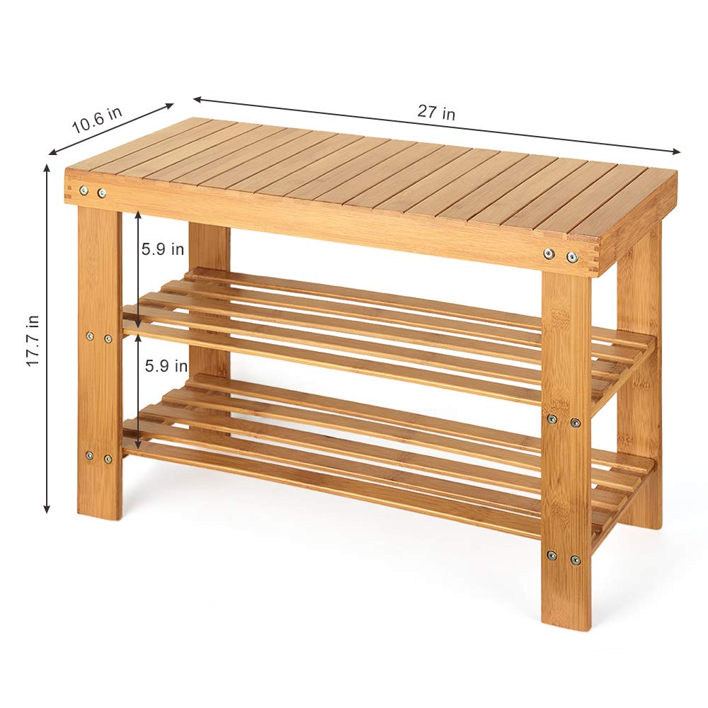 Pure Natural Bamboo Shoe Rack Bench, 3-Tier Shoe Organizer Shelf with Seat, Storage Stool, Shoe Storage Organizer