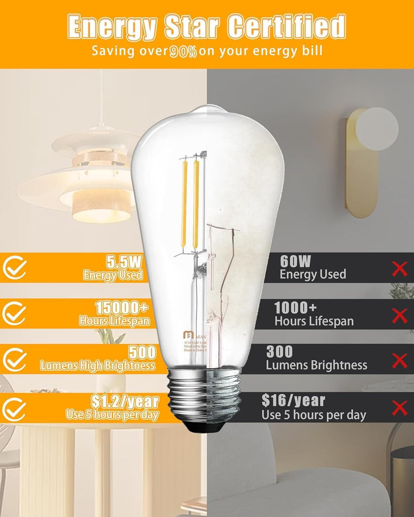 36 Pack Vintage LED Edison Bulbs, E26 Led Bulb 5.5W Equivalent to 60W, Dimmable, Soft White 2700K, High Brightness