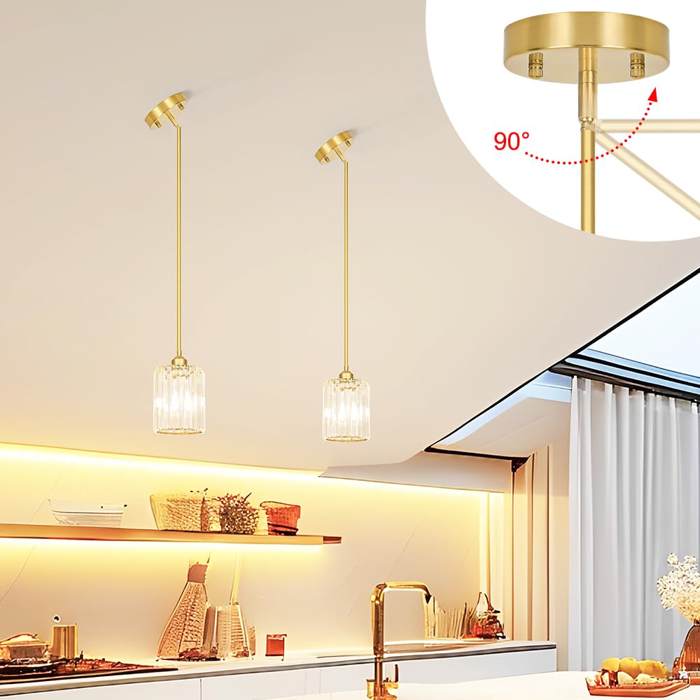 Brushed Gold Kitchen Pendant Lights Over Island with Adjustable Rods - Crystal Pendant Lighting Fixtures for Sloped