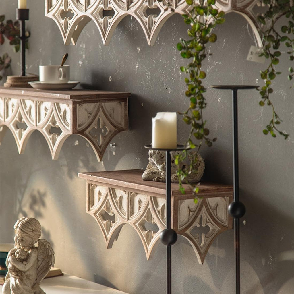 Retro Wall Shelf with Hollow Carving Patterns, Wood Floating Shelf Decorative Wall Mounted Shelf Vintage Hanging