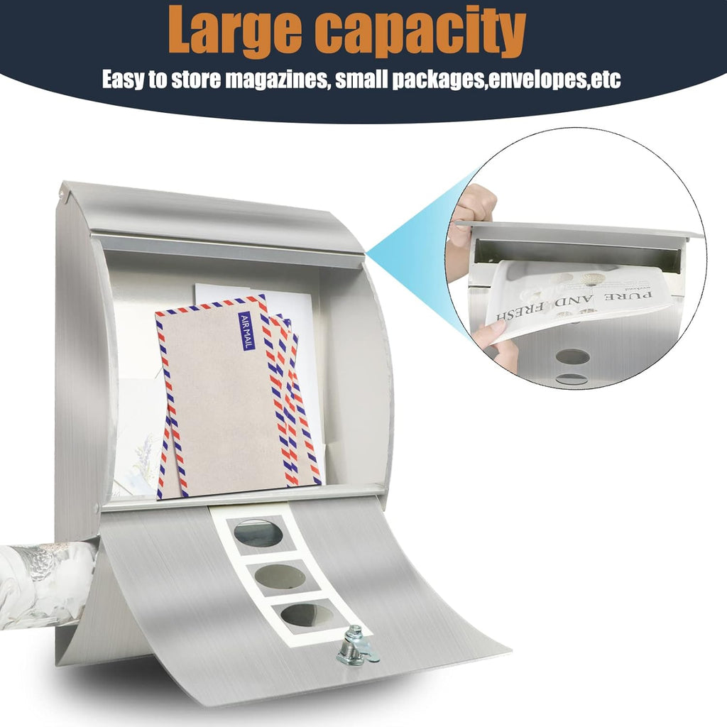 Stainless Steel Mailbox, Large Capacity Wall-Mount Mailbox, Locking Mailbox with Key Lock