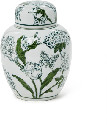 Primrose and Lotus Chinoiserie Ginger Jar with Lid, 7.5-Inch, Porcelain