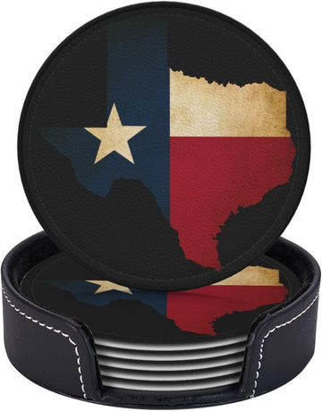 Texas Flag Coasters for Drinks with Holder Round Leather Coasters Cups Mugs Mat Pad Kitchen Bar - Set of 6