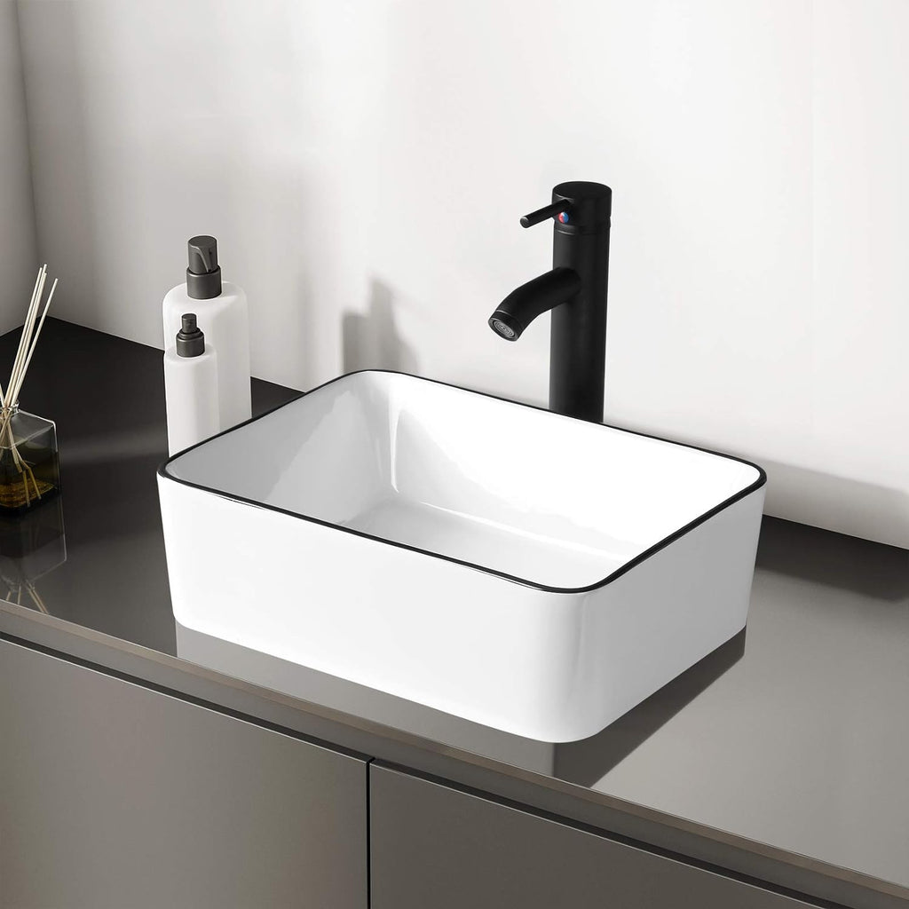 Ceramic Rectangular Bathroom Vessel Sink, 16'' x 12'' Above Counter Porcelain Small Sink with Faucet Combo, White Body with Black Trim on The Top A131-B08S47Q9NQ