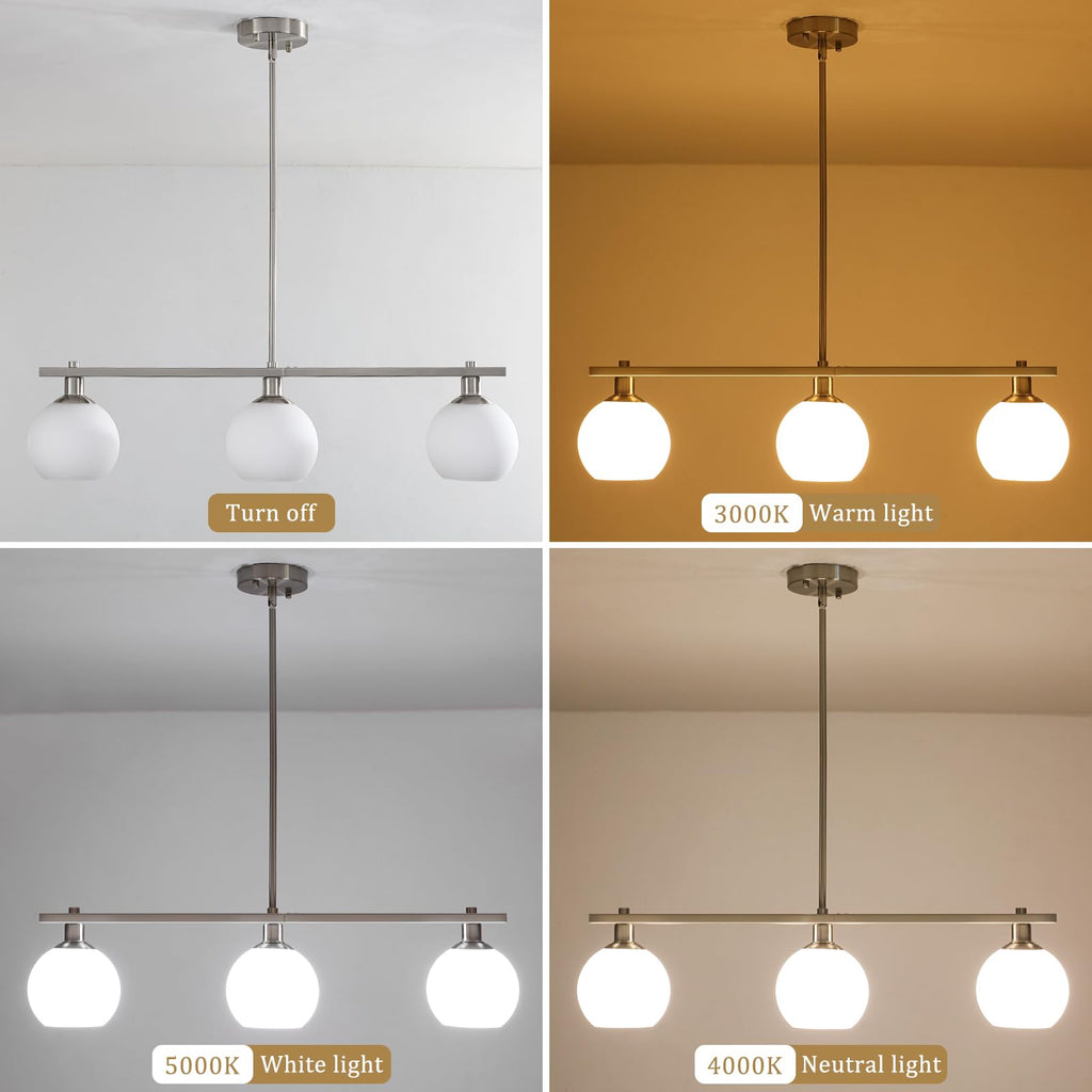3 Lights Linear Pendant Light Kitchen Island Lighting with Milk Glass Shade, Modern Farmhouse Chandelier, Brushed