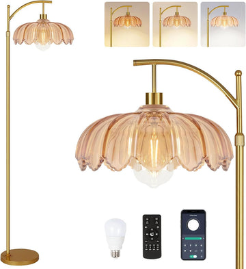 Gold Floor Lamp,Mid Century Modern Standing Lamp with Remote,Dimmable Brass Tall Lamp Amber Glass Vintage Retro Arc