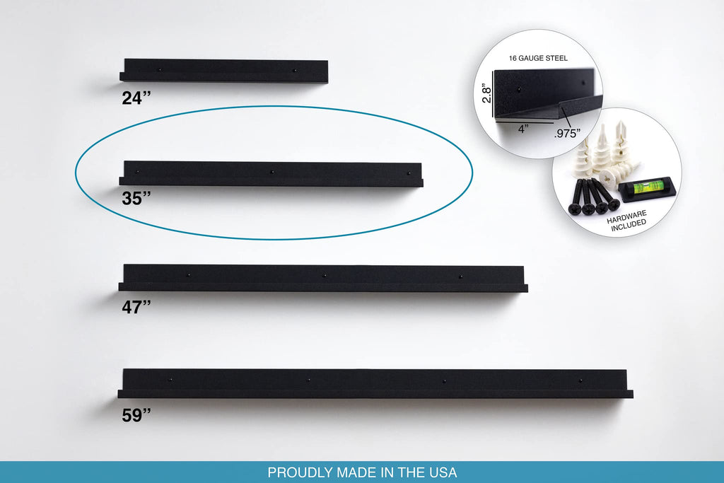 36" Metal Floating Wall Shelf | Modern Black Powder-Coated Steel Ledge, Made in USA | Wall-Mounted Shelf