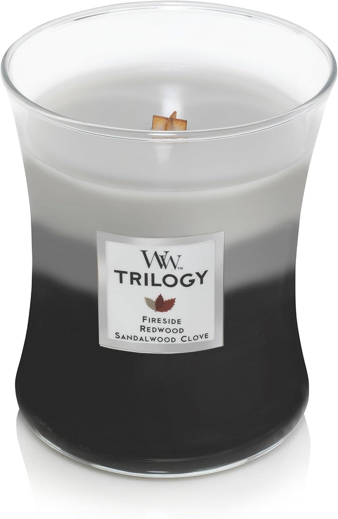 Medium Hourglass Scented Trilogy Candle | Warm Woods | with Crackling Wick | Up to 60 Hours Burn Time
