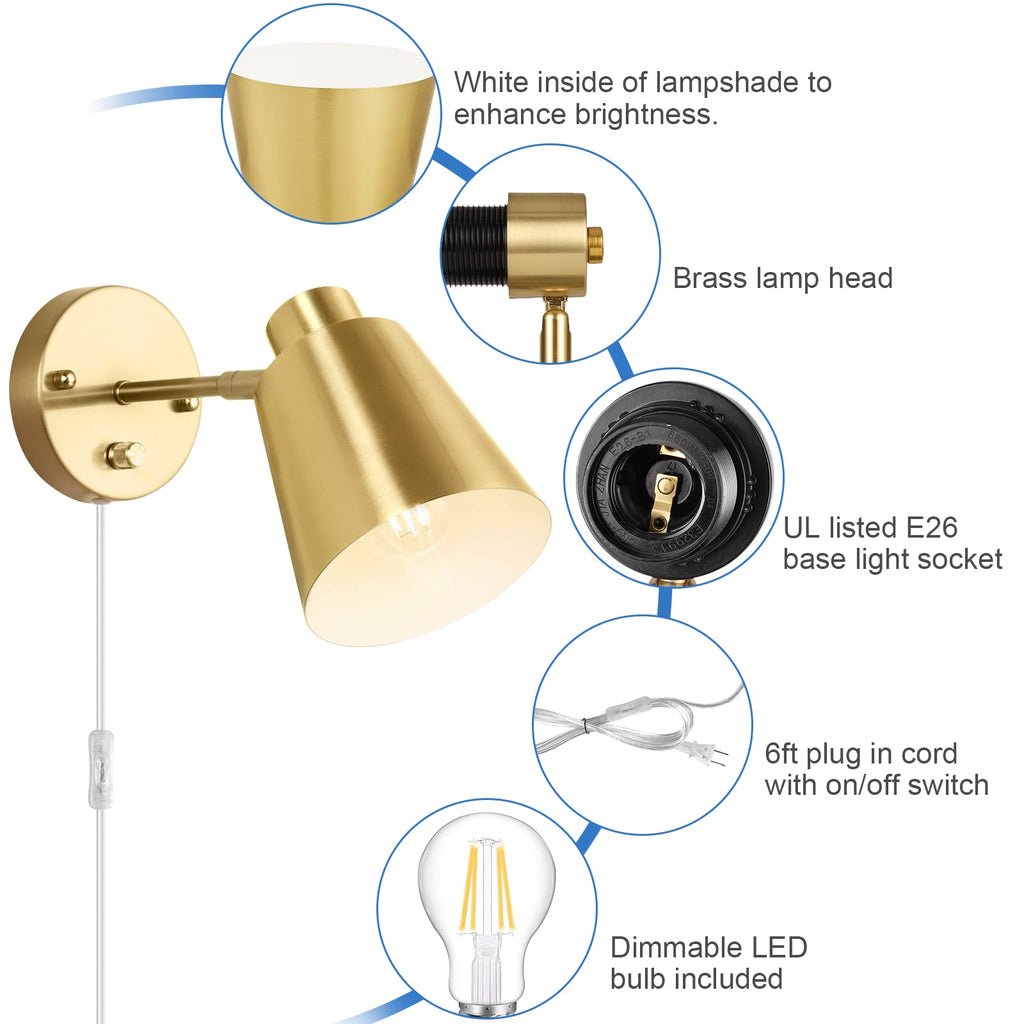 Dimmable Wall Sconce, Plug in Wall Sconce Adjustable Angle Wall Lights with Plug in Cord and Dimmer On/Off knob