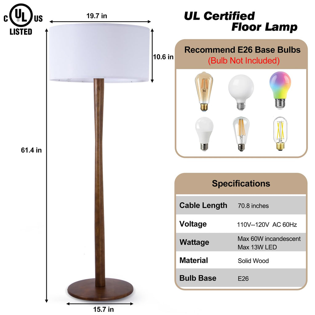 62" Tall Rustic Walnut Wood Floor Lamp with Large Linen Shade, White
