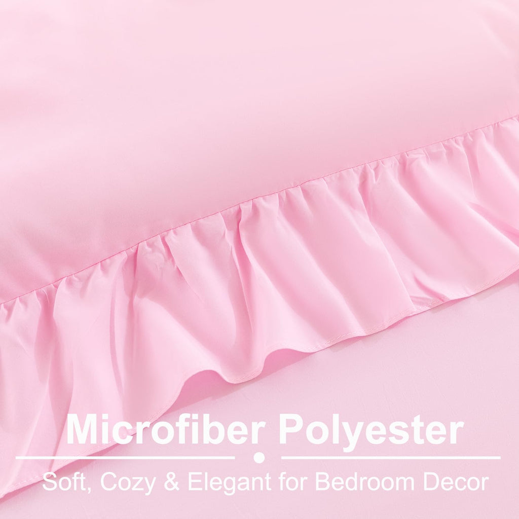 Pink Ruffle Bed in A Bag King Size 6 Pieces Farmhouse Comforter Set with Sheets Solid Boho Chic Bedding Set for Girls