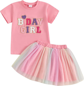 Toddler Birthday Girl Outfit Birthday Girl Letter Embroidery Shirt Top Mesh Tutu Donut Skirt Princess Party Skirt Set