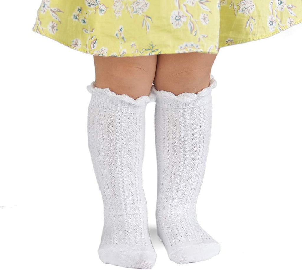 Girls Cotton Knee High Socks Mesh Ruffle School Uniform Long Socks