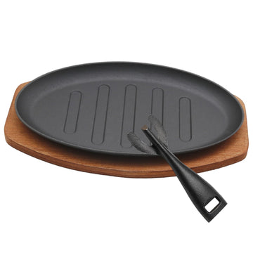 Cast Iron Steak Plate Sizzle, Oval Grill Fajita Server Plate, Fajita Skillet with Wooden Base Steak Pan, Household