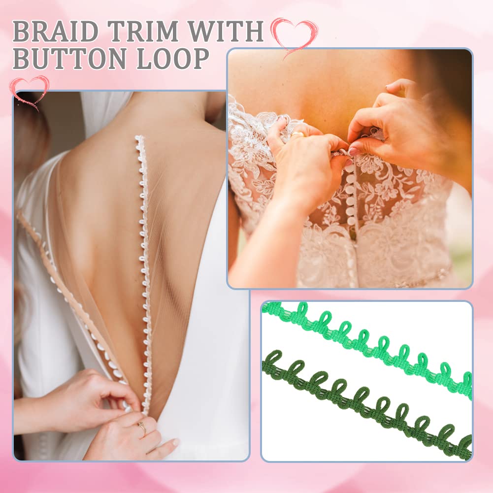 10 Colors Petite Braid Trim with Elastic Button Loop, Buttonhole Tassel Fringe Lace Trim for Wedding Costume - 20 Yards