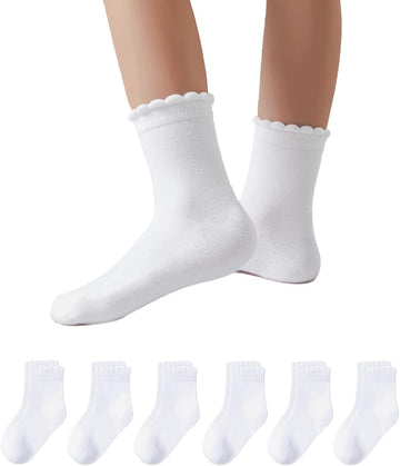 Girls Ruffle White School Uniform Socks Crew Scallop Dress Kid Sock