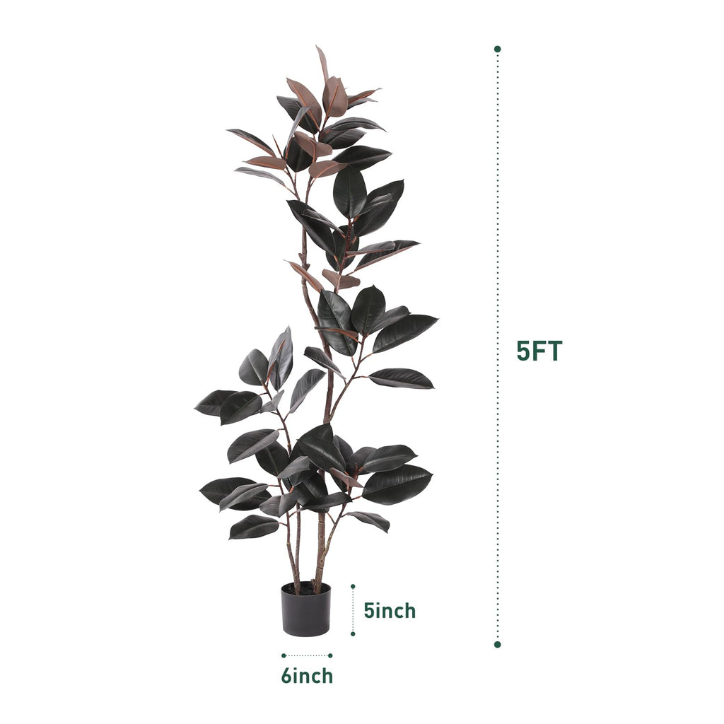 Artificial Rubber Tree 5FT Tall Faux Plants Indoor Artificial Trees Potted - Fake Tree with White Planter Large Floor