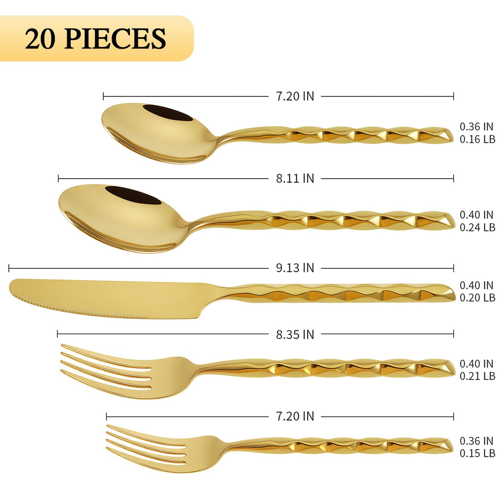 Gold Silverware Set 18/10 Stainless Steel Spiral-shaped Flatware Set, 20-Piece Hand Forged Mirror Finish Cutlery