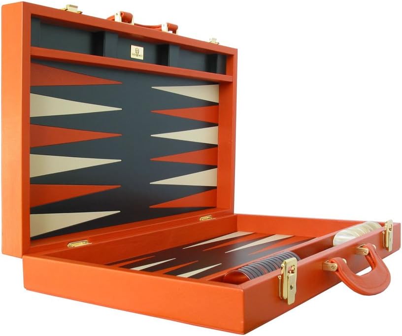 Leather Backgammon Set by - (20" Case, Board Game) - Orange