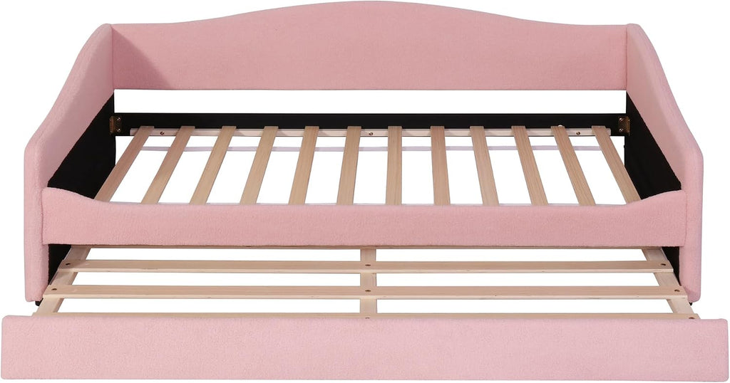 Full Size Upholstered Daybed with Trundle and LED Lights, Modern Wood Teddy Fleece Bed Frame with Slats Support and