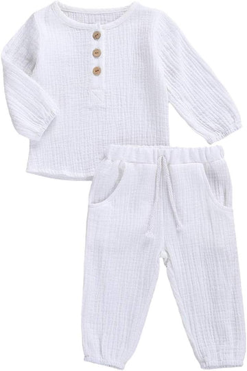 Toddler Baby Boy Girl Clothes Cotton Linen Long Sleeve Button Pullover Tops Drawstring Pants Set Casual Outfit