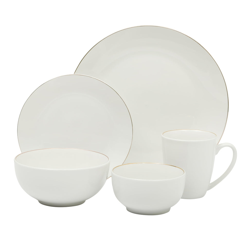 Ogalla 30 Piece Plates, Bowls, & Mugs Dinnerware Set - Service for 6 - White Porcelain W/Gold Band