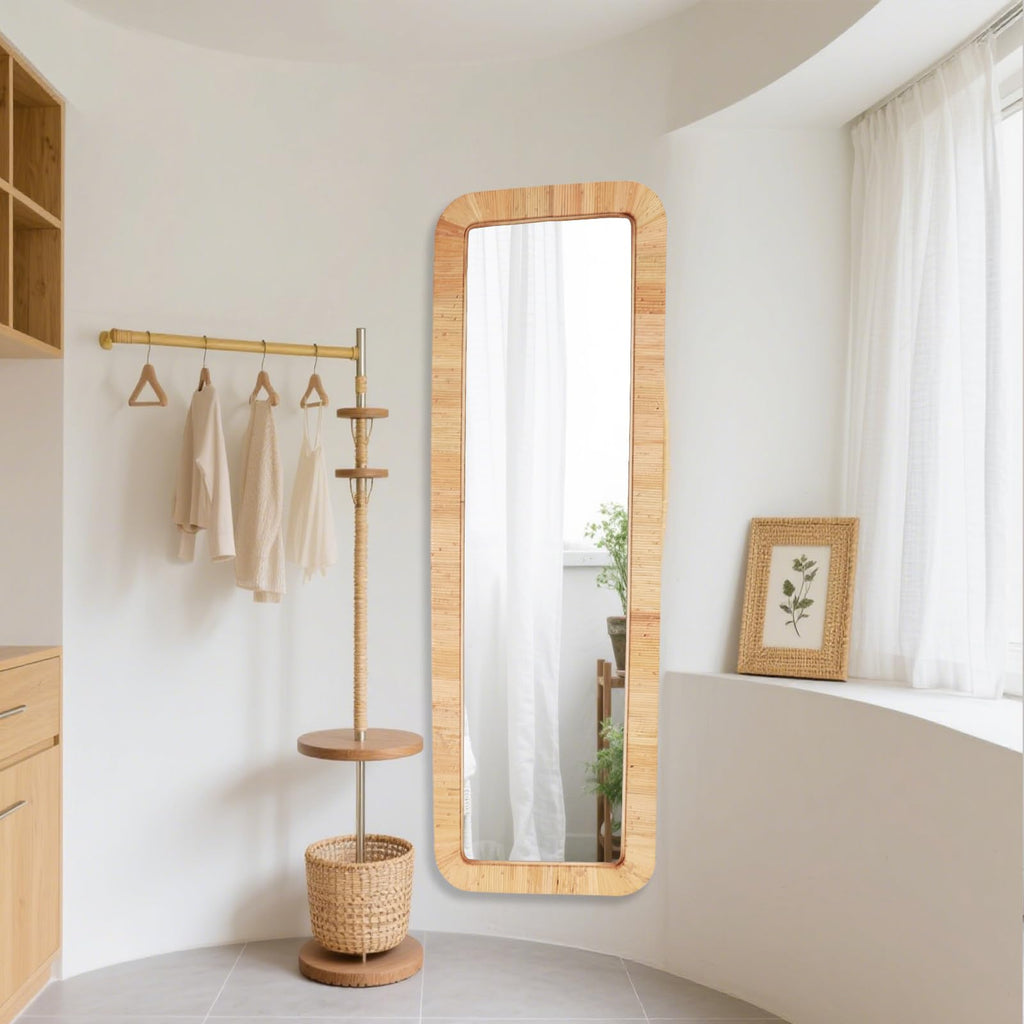 Rattan Full Length Mirror, Rectangle 63X20 Full Body Bathroom Boho Wicker Vanity Coastal Farmhouse Wood Wall Mirror