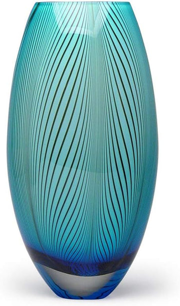 Murano Style Glass Vase Hand Blown Blue Feather Pattern Effect Home Decor