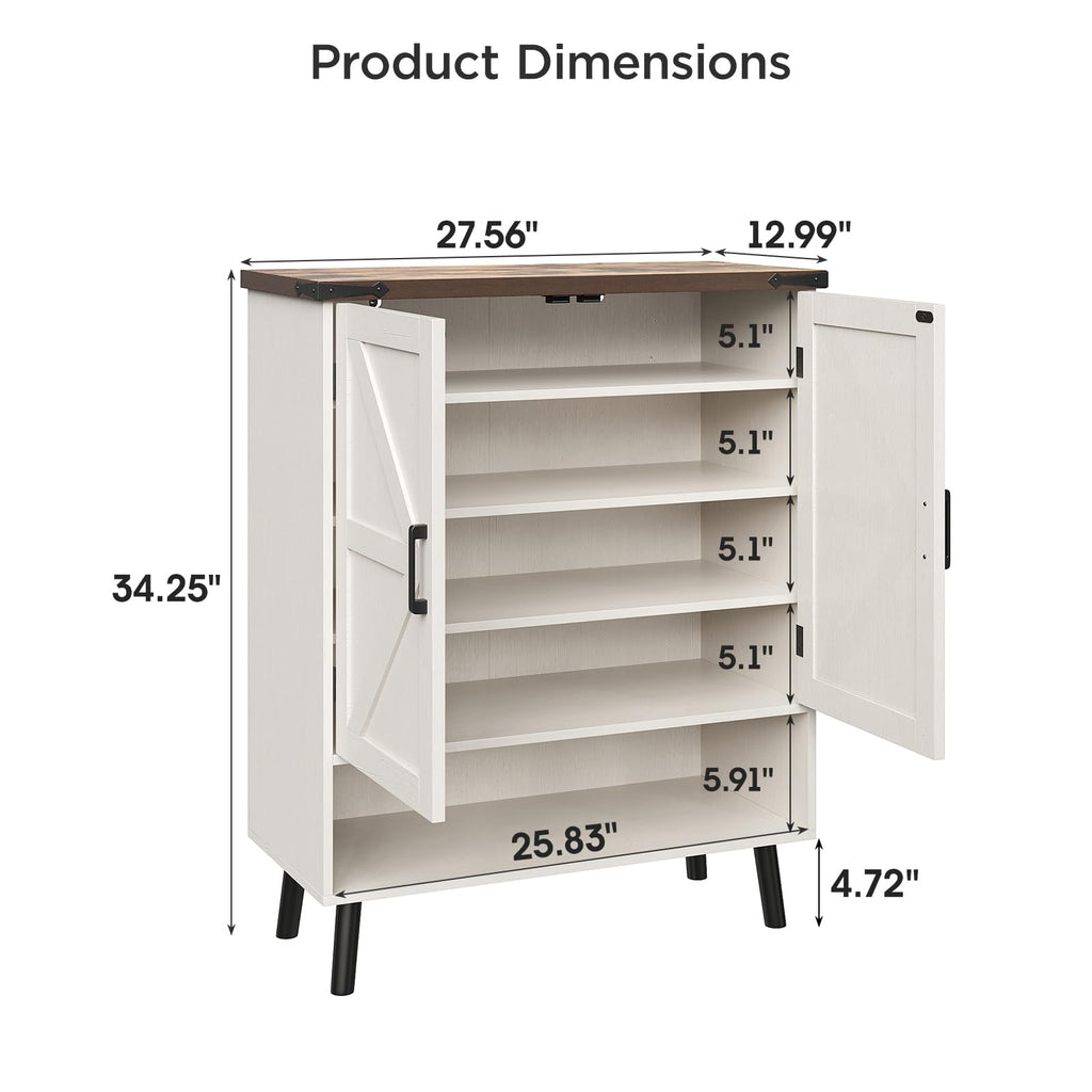 34" Tall Farmhouse Shoe Storage Cabinet with Barn Doors, White