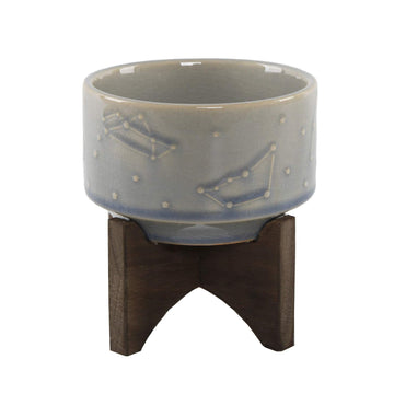4 Inch Constellation Ceramic Pot on Wood Stand Mid Century, Glass Blue 4"