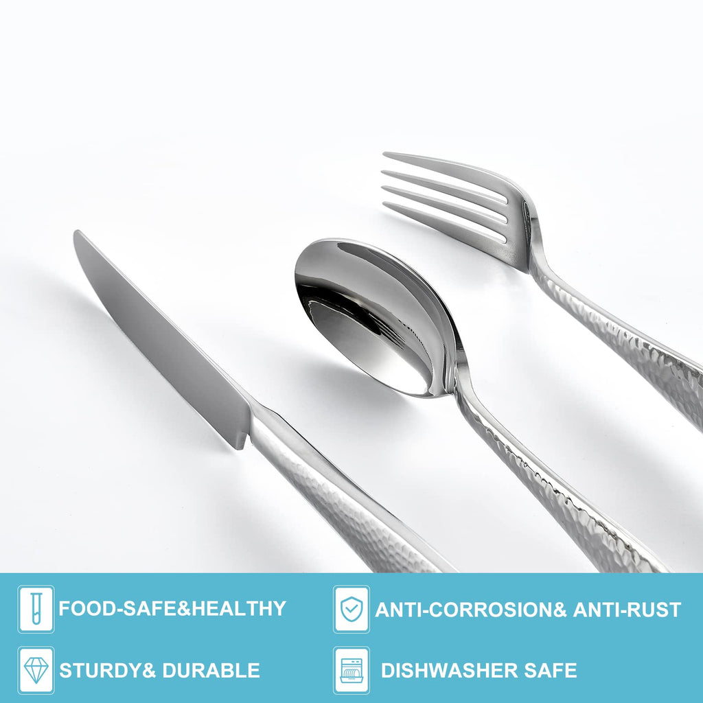 Hammered Silver Silverware Set, 20-Piece 18/10 Stainless Steel Flatware Set For 4, Fancy Cutlery Set Include