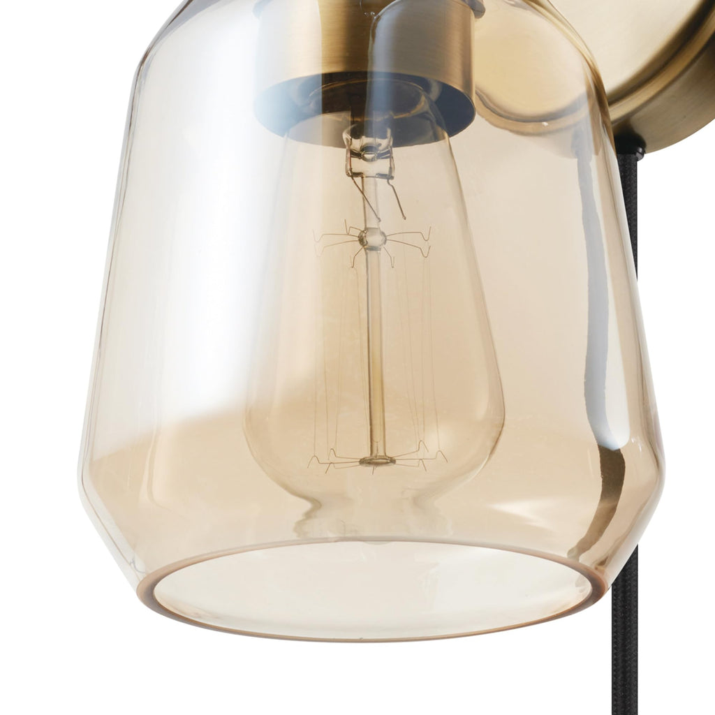 Matte Brass Plug-in or Hardwire Wall Sconce with Smoked Amber Glass Shade and in-Line On/Off Switch