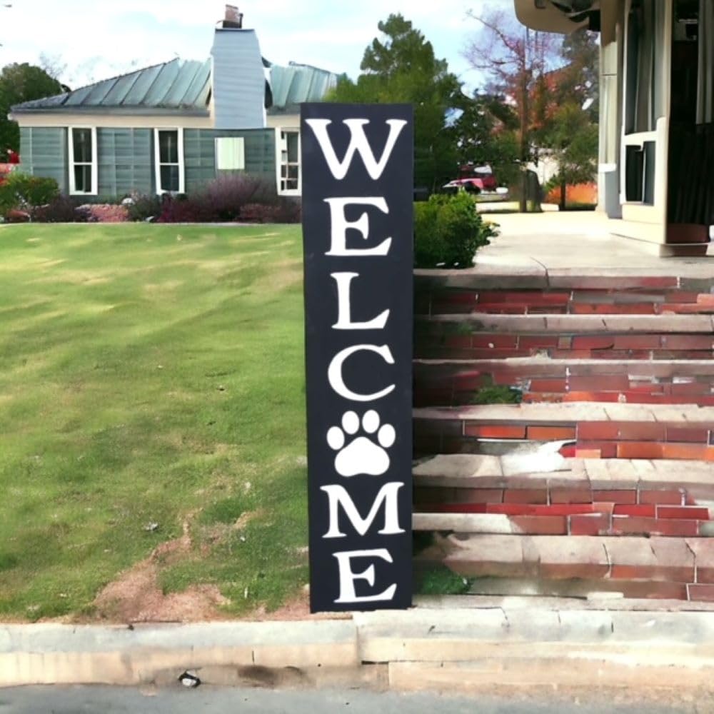 Paw Print Vertical Welcome Sign - Wooden with Hanger, 9" x 42"