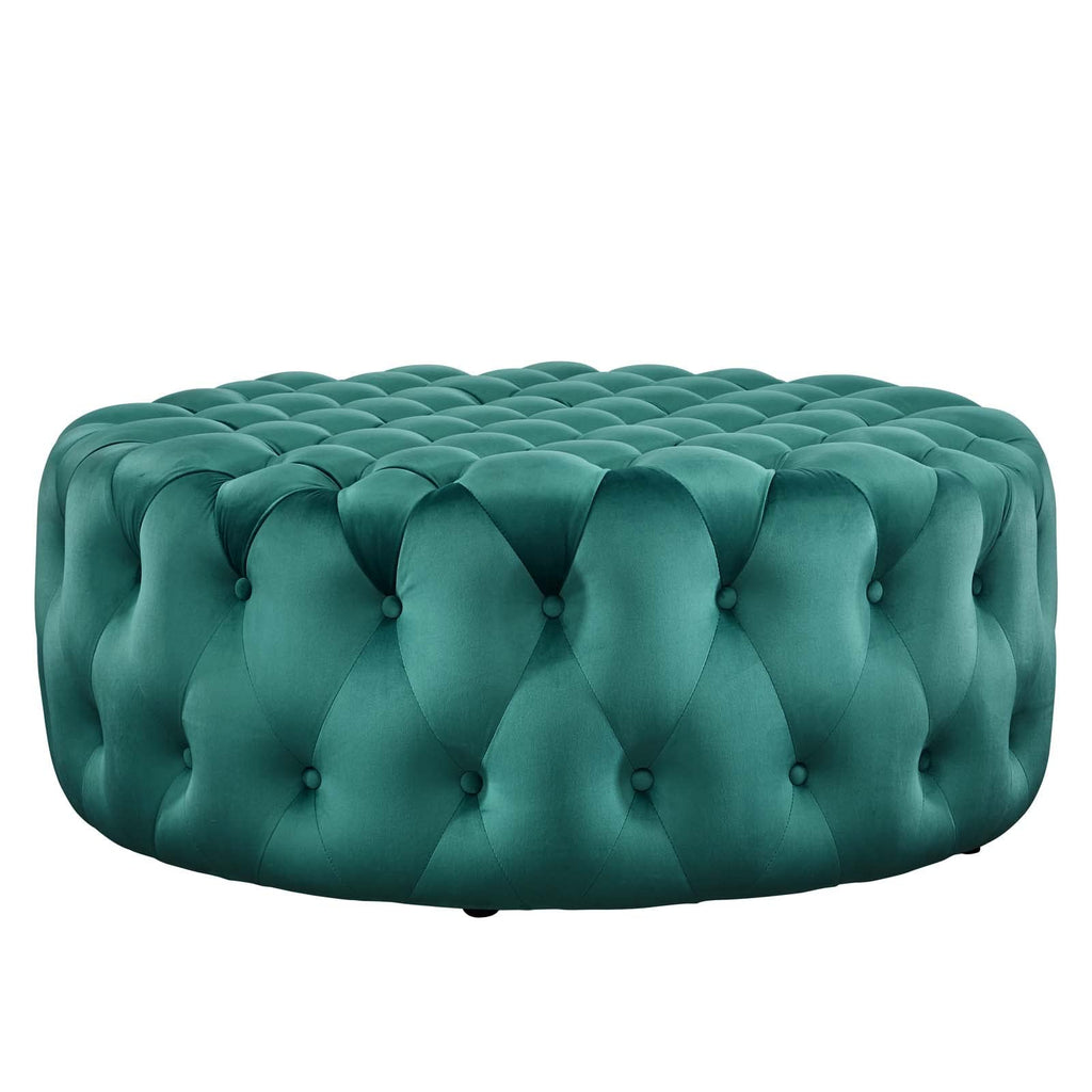 Amour Tufted Button Large Round Performance Velvet Ottoman in Teal