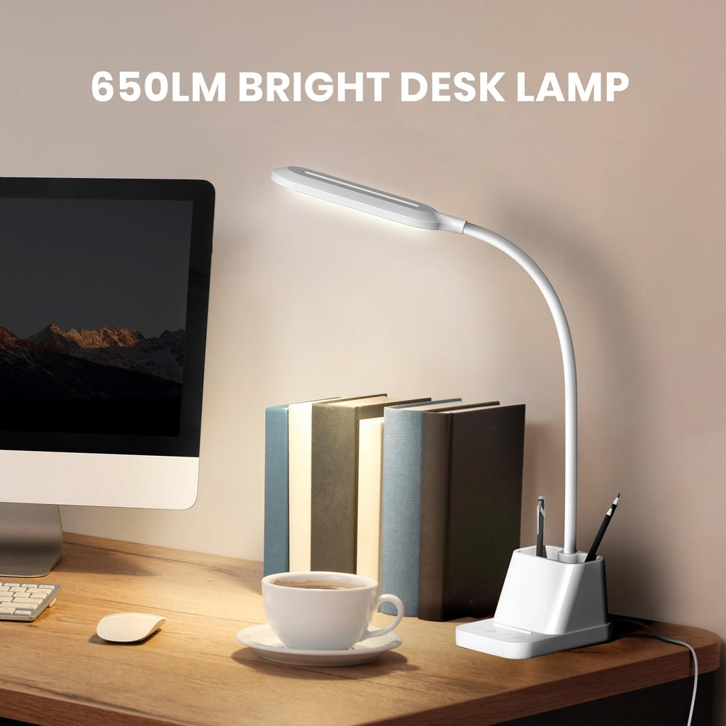 White LED Desk Lamp with USB Charging Port, Study Table Light