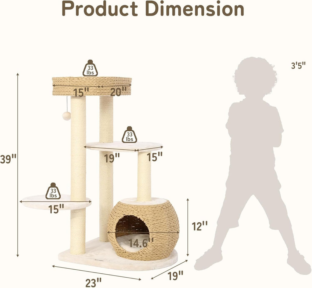39 Inch Modern Cat Tree Solid Wood Cat Tower for Large Cats