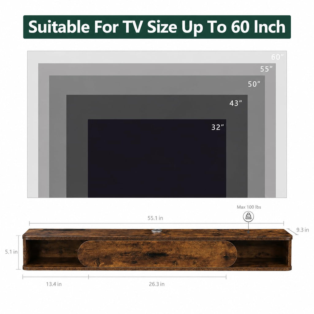 Floating TV Stand, 65'' Wall Mounted TV Cabinet, Floating Shelves with Door, Media Console for DVD Player