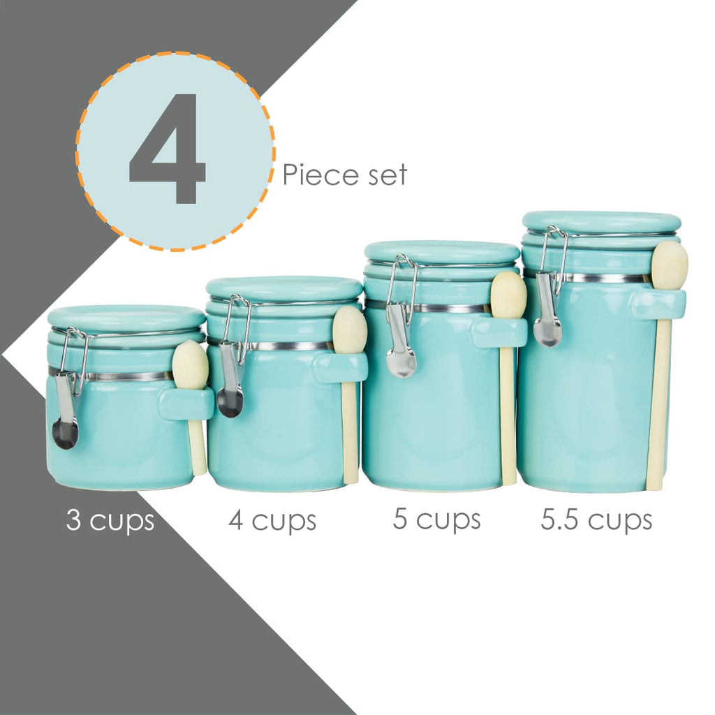 Canister Sets For The Kitchen (4 Piece) Turquoise, High Gloss Ceramic | By | Decorative Set | With Wooden Spoons