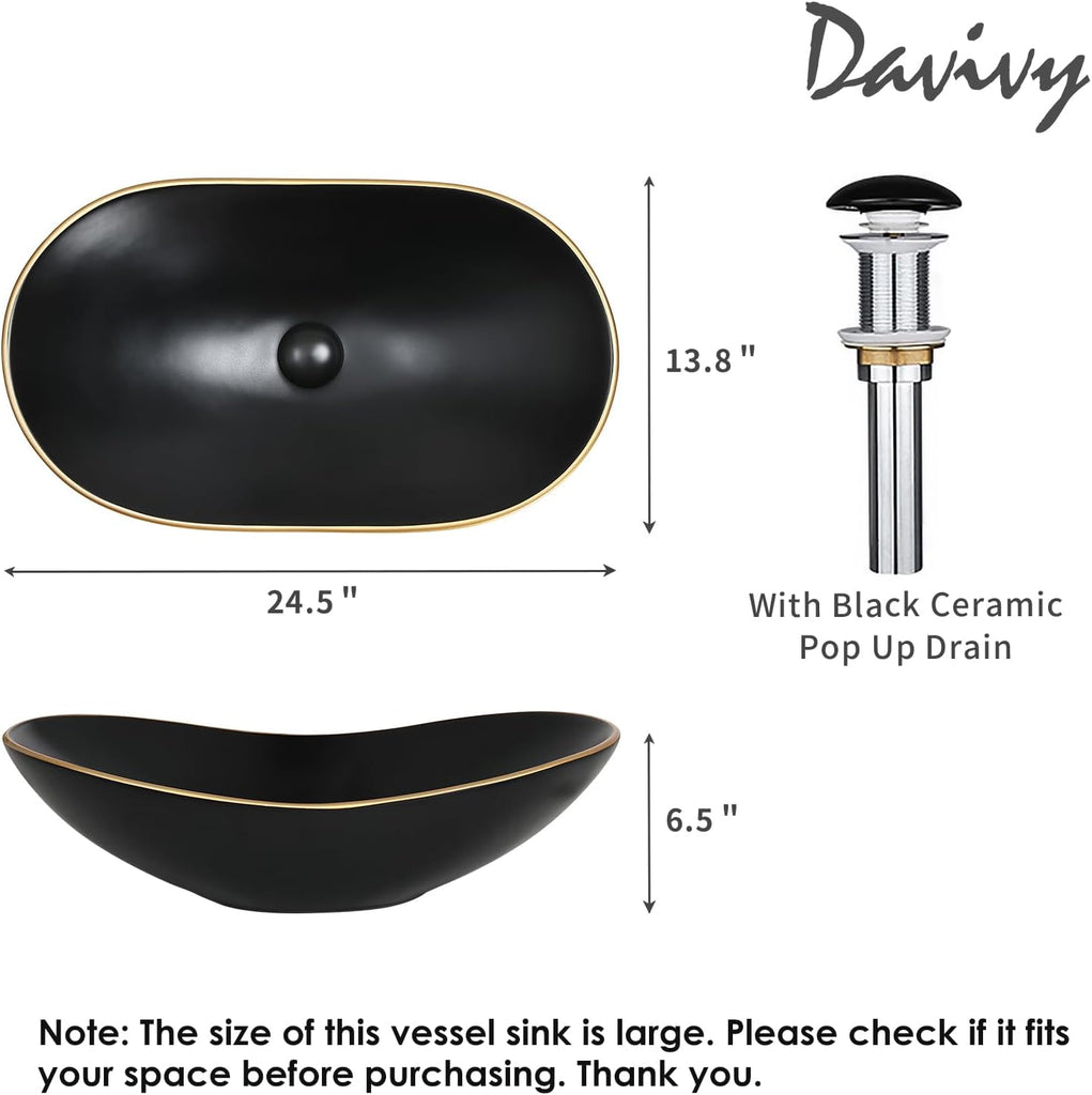 24.5'' X 13.8'' Large Matte Black Oval Vessel Sink with Pop Up Drain,Bathroom Sinks Above Counter,Black Vessel
