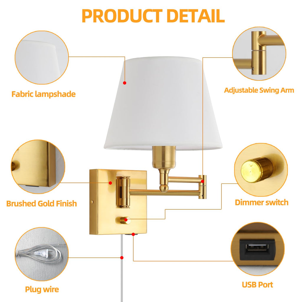 Gold Swing Arm Wall Lamp White Fabric Shade Plug in or Hardwired
