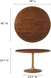 Lippa 48 Inch Round Wood Dining Table with Metal Pedestal in Brass Walnut - Modern Industrial Dining Table for 4